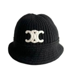 Celine Triomphe Ribbed Knit Bucket Beanie in Black